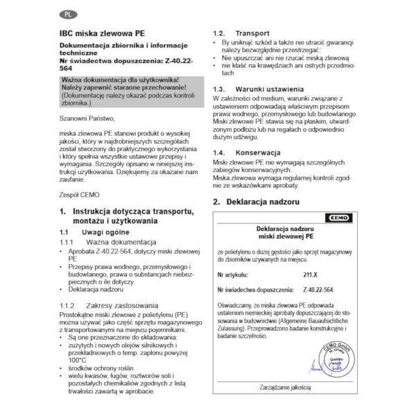 Wanna wychwytowa podstawa pod 1 zbiornik IBC 1100L plastikowa PE CEMO 10950 - obrazek 5