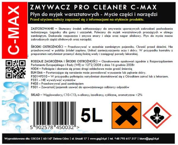 Płyn zmywacz do części i narzędzi do myjki warsztatowej PRO CLEANER C-MAX 5L - obrazek 2